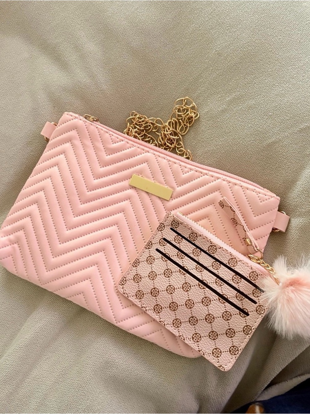 Pink Quilted Chain Shoulder Bag with Matching Card Holder